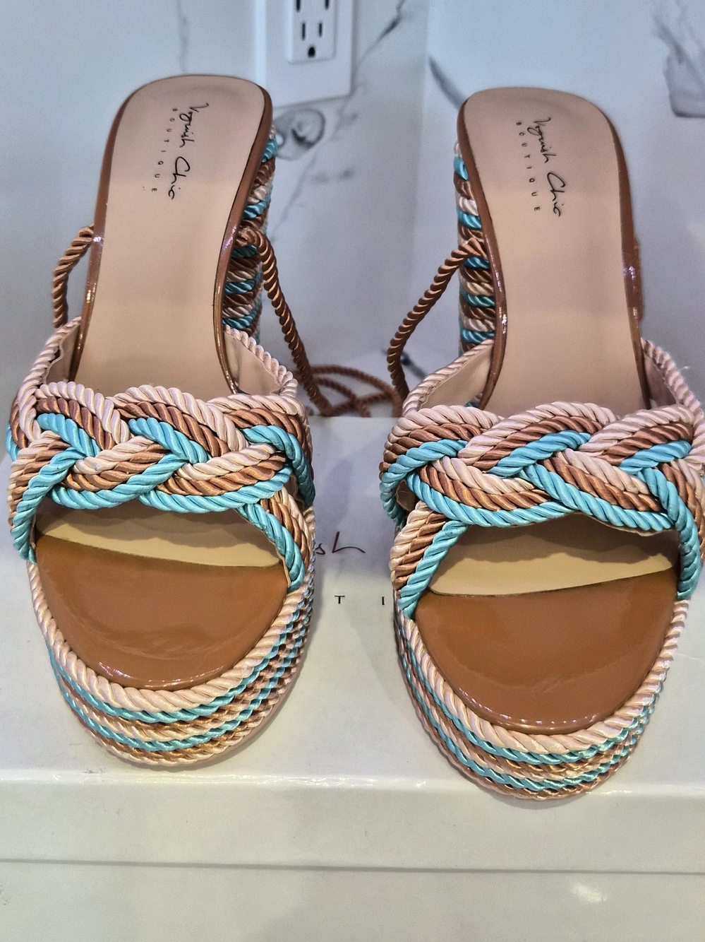 Braided Rope Slide Sandals - Tan & Turquoise
